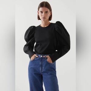 COS women Black Puff Sleeve Cotton Jersey Top Statement minimalist Sleeves in S